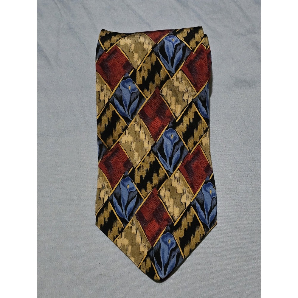 Ermenegildo Zegna Tie Mens Multicolor Red Blue Gold‎ Geometric Floral Silk Italy